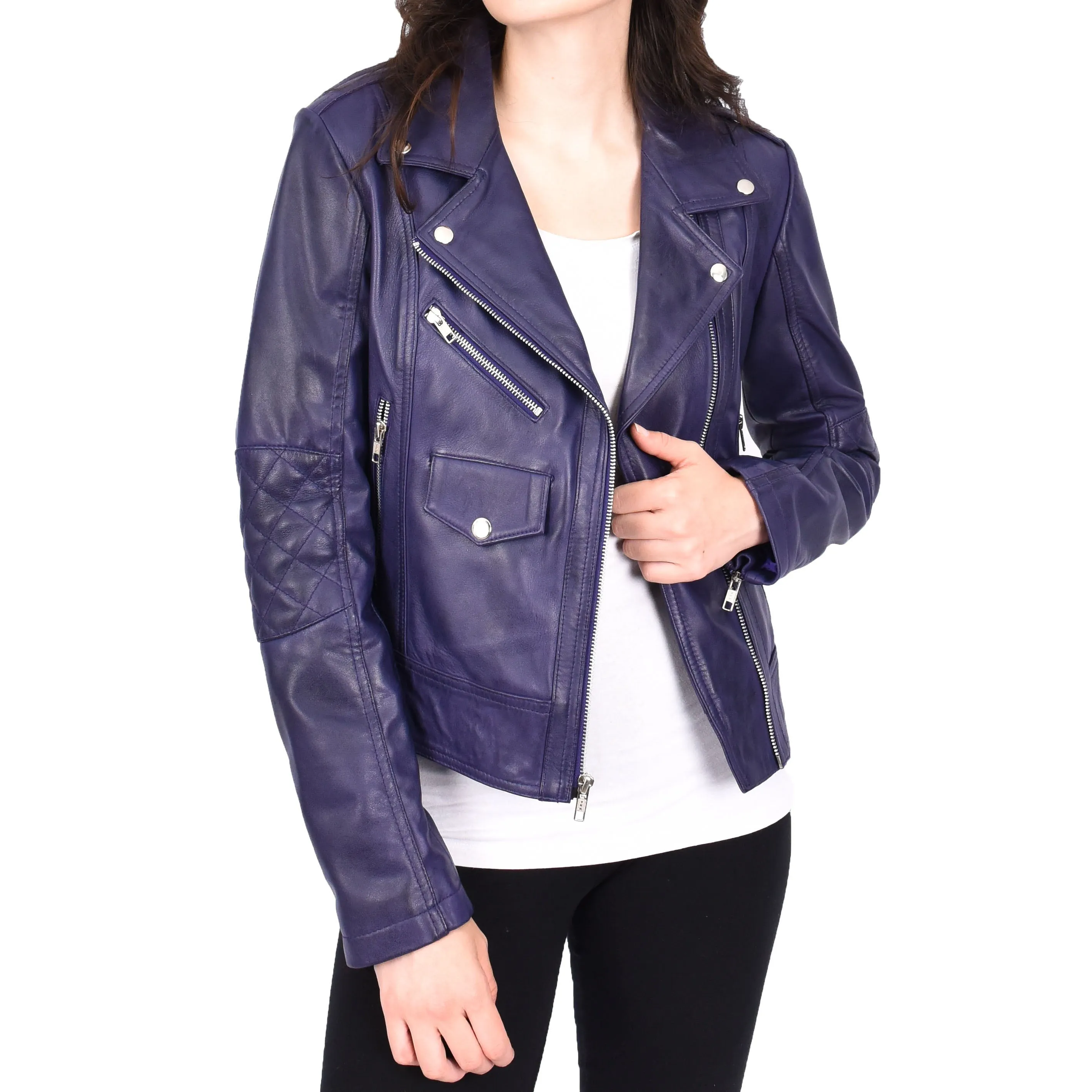 Womens Leather Biker Jacket Purple Trendy Slim Fit Designer Ayla