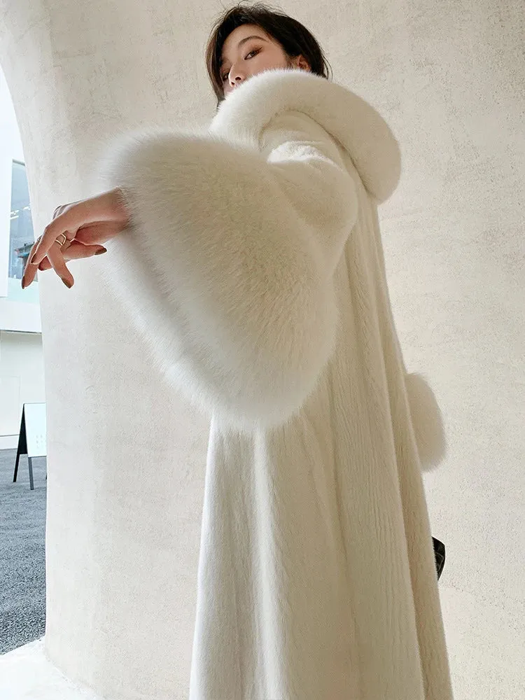 Women's Luxe Long Coat with Faux Fur Collar & Cuffs