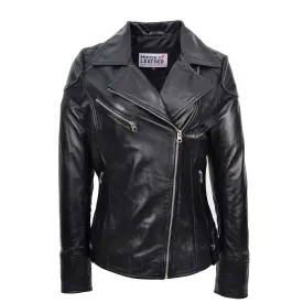 Womens Real Leather Biker Jacket Cross Zip Pockets Cherry Black