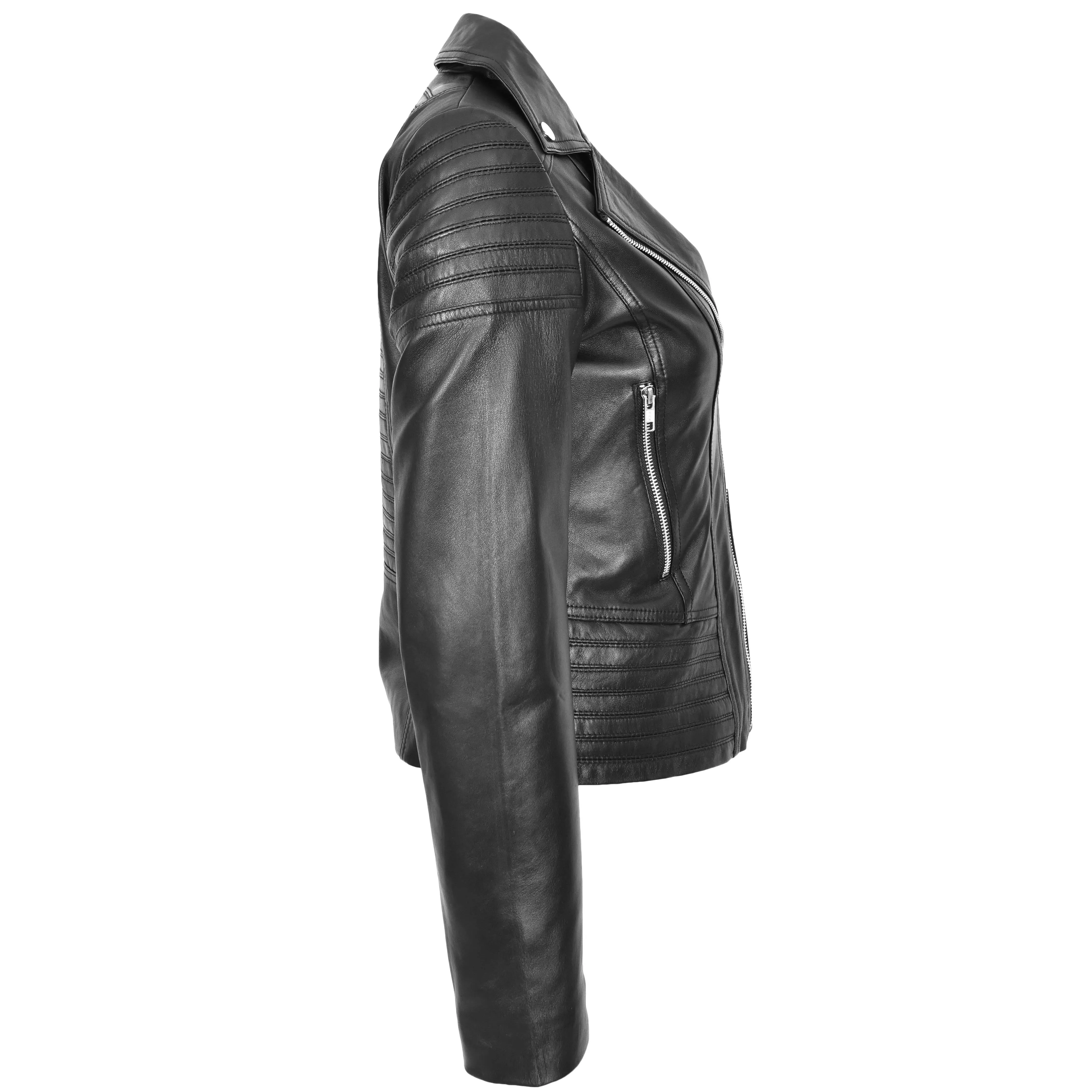 Womens Real Leather Biker Jacket Trendy Fitted Casual Style Emily Black