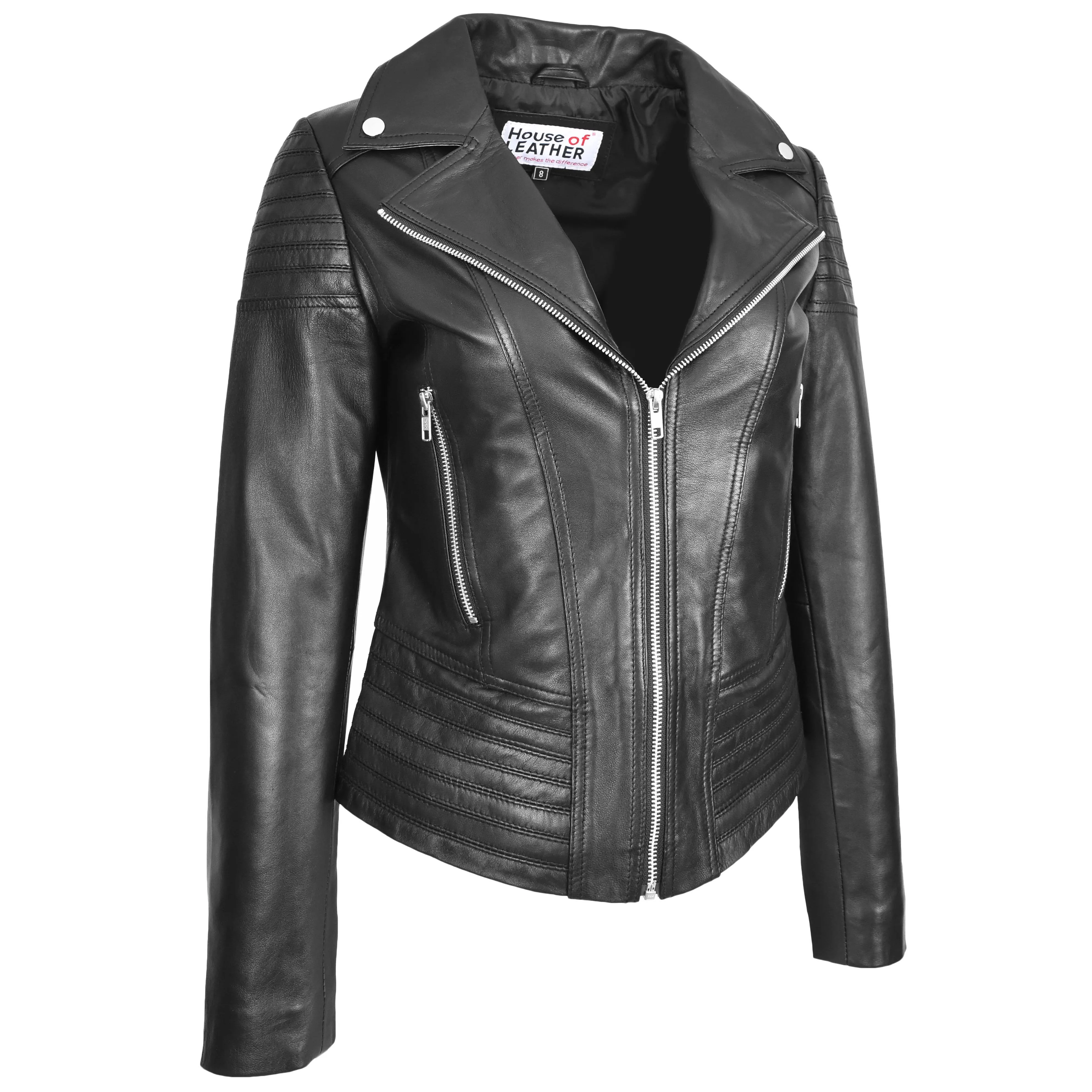 Womens Real Leather Biker Jacket Trendy Fitted Casual Style Emily Black