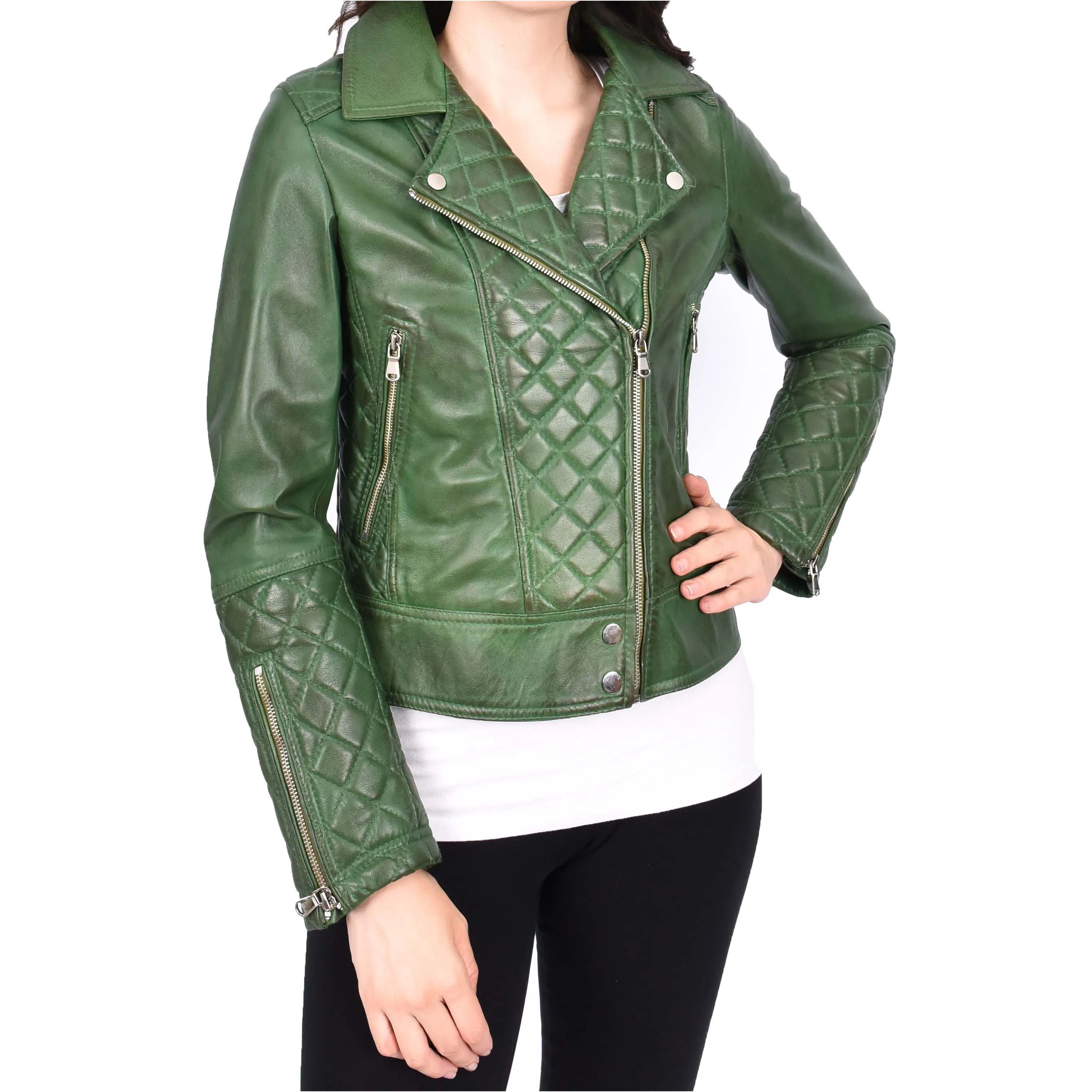 Womens Real Leather Jacket Green Fitted Quilted Trendy Biker Style Bonnie