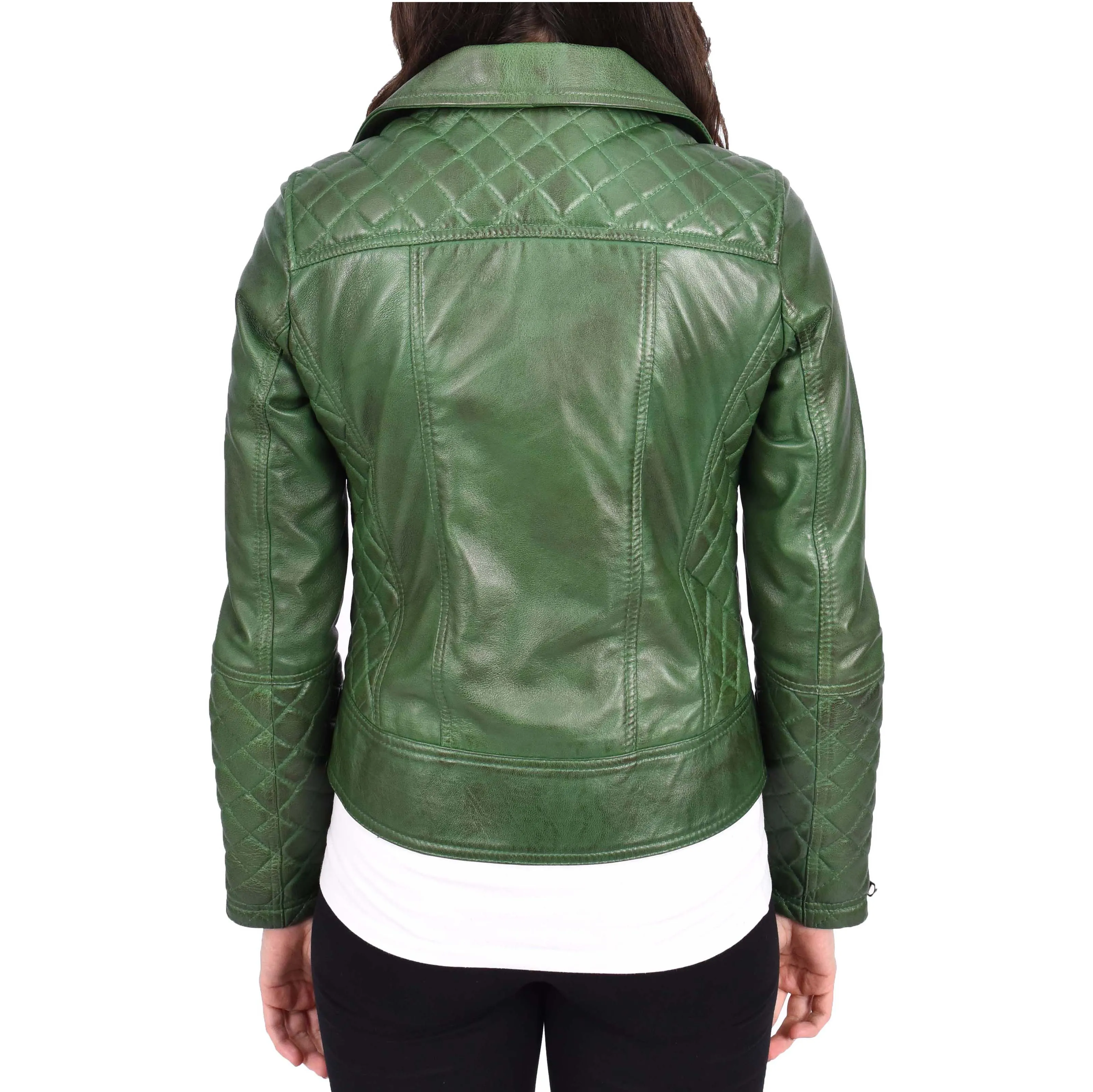 Womens Real Leather Jacket Green Fitted Quilted Trendy Biker Style Bonnie