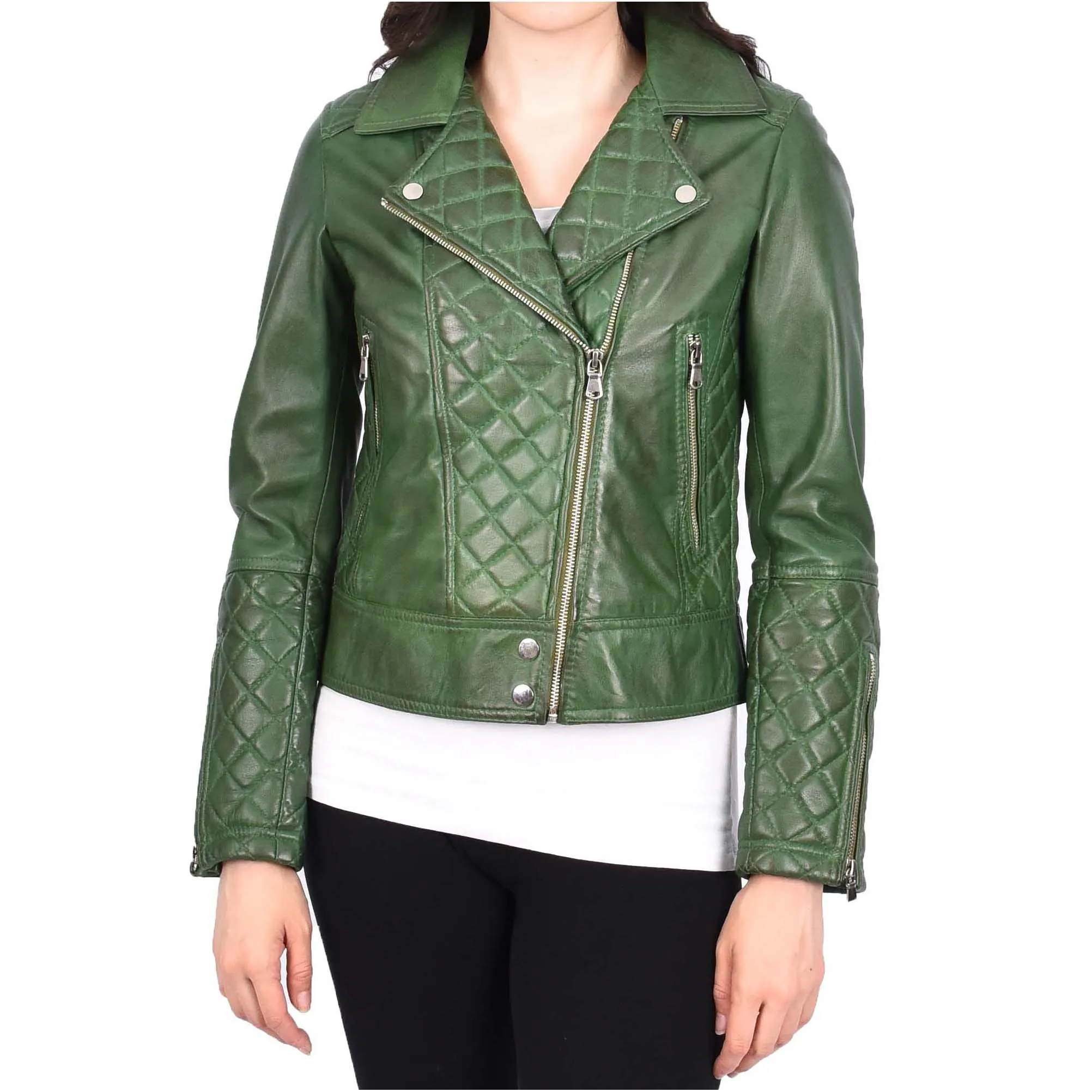 Womens Real Leather Jacket Green Fitted Quilted Trendy Biker Style Bonnie