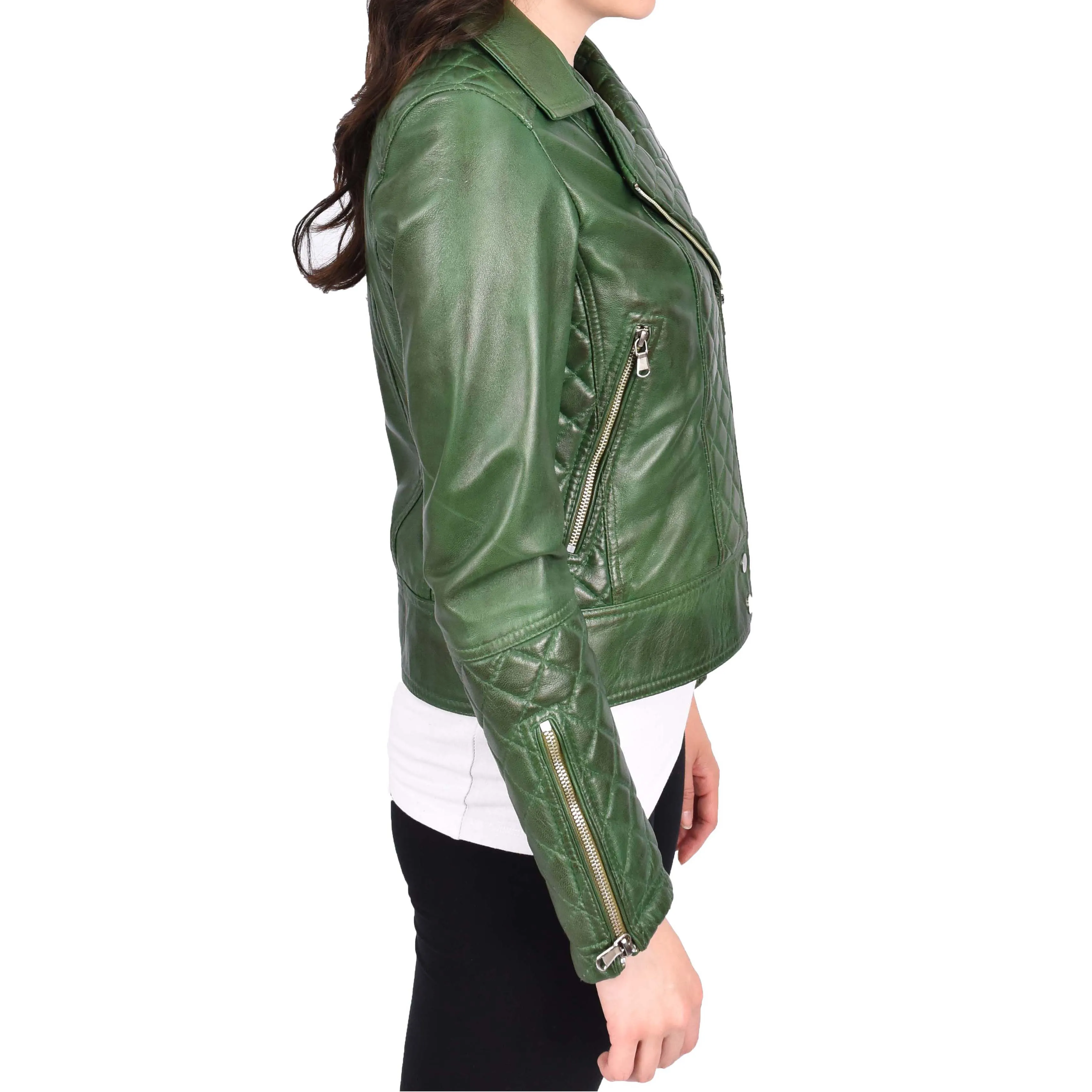 Womens Real Leather Jacket Green Fitted Quilted Trendy Biker Style Bonnie