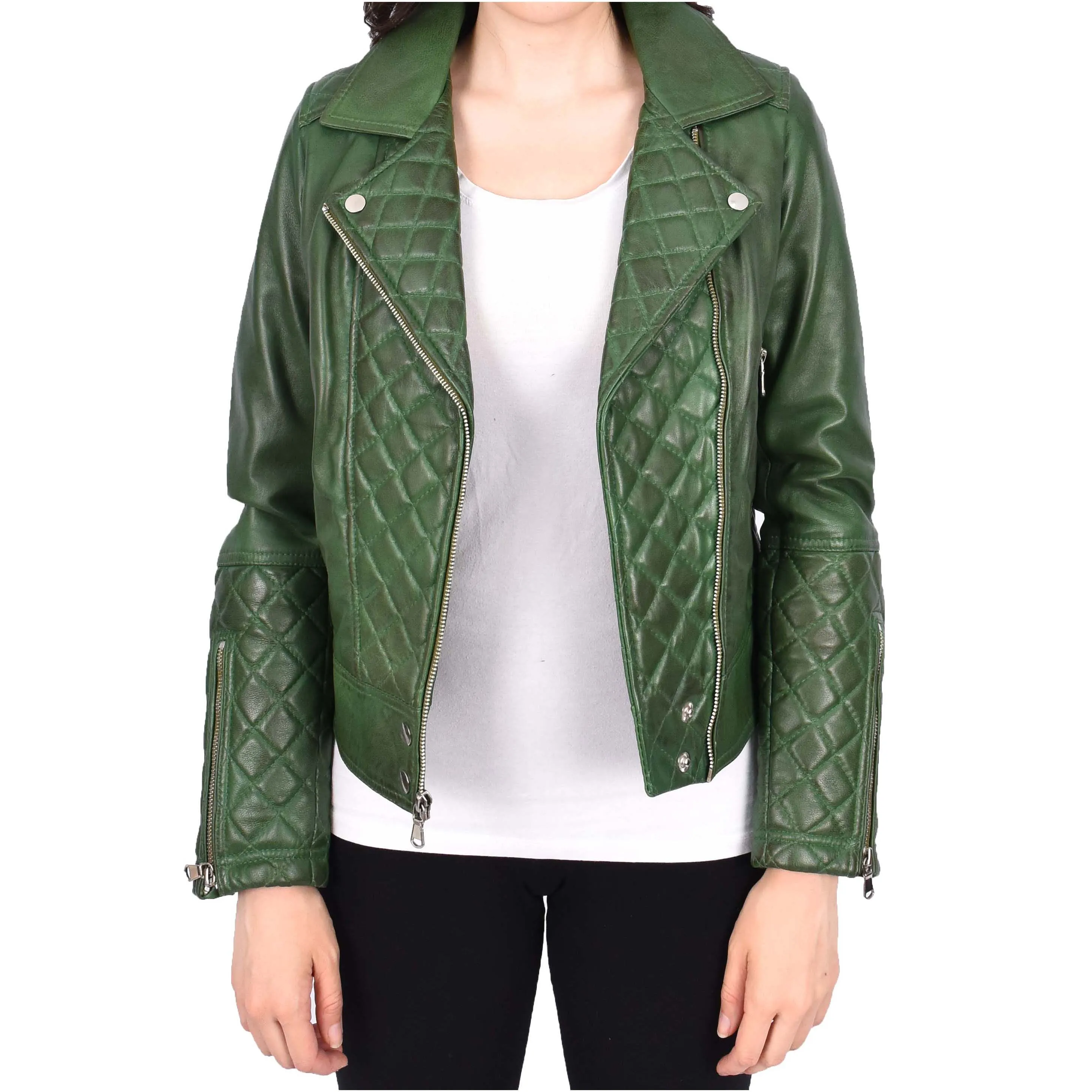 Womens Real Leather Jacket Green Fitted Quilted Trendy Biker Style Bonnie