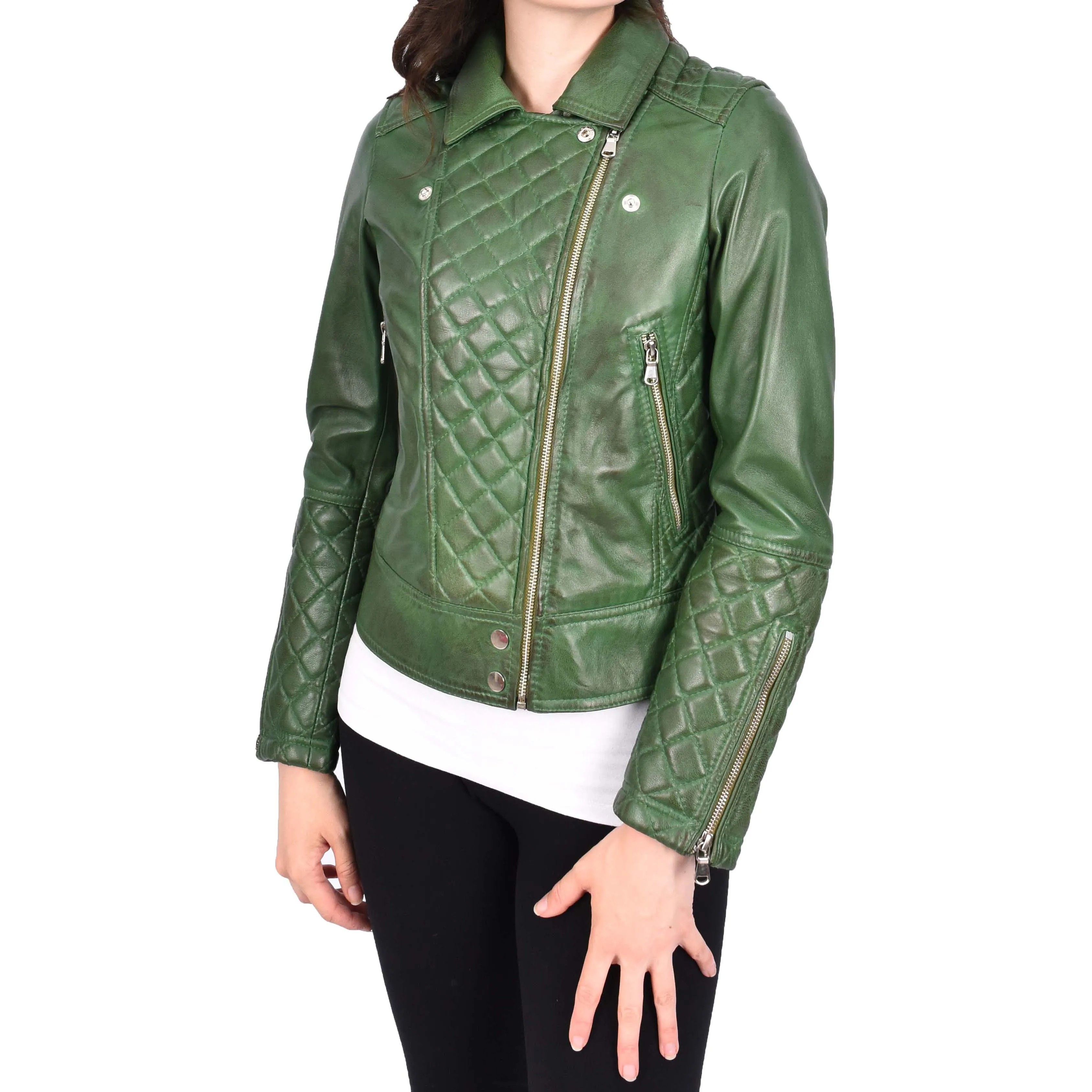 Womens Real Leather Jacket Green Fitted Quilted Trendy Biker Style Bonnie