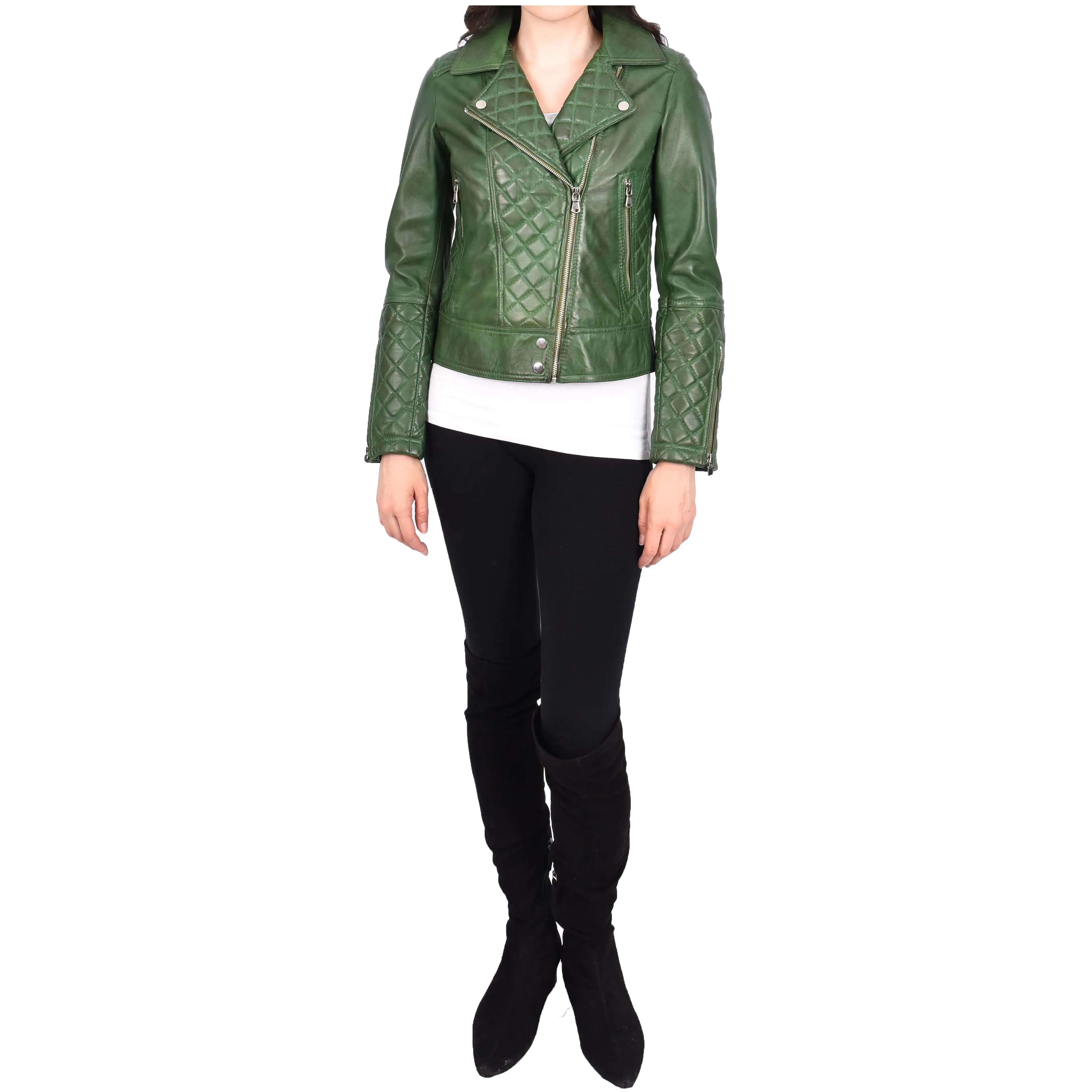 Womens Real Leather Jacket Green Fitted Quilted Trendy Biker Style Bonnie