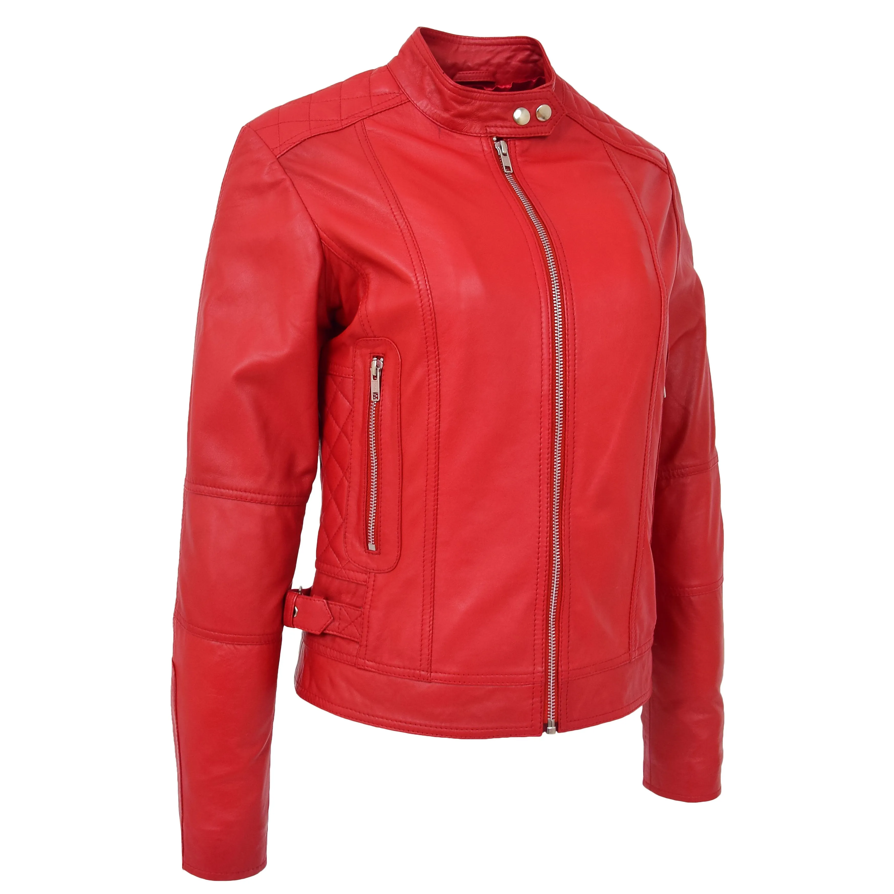 Womens Soft Leather Casual Zip Biker Jacket Ruby Red