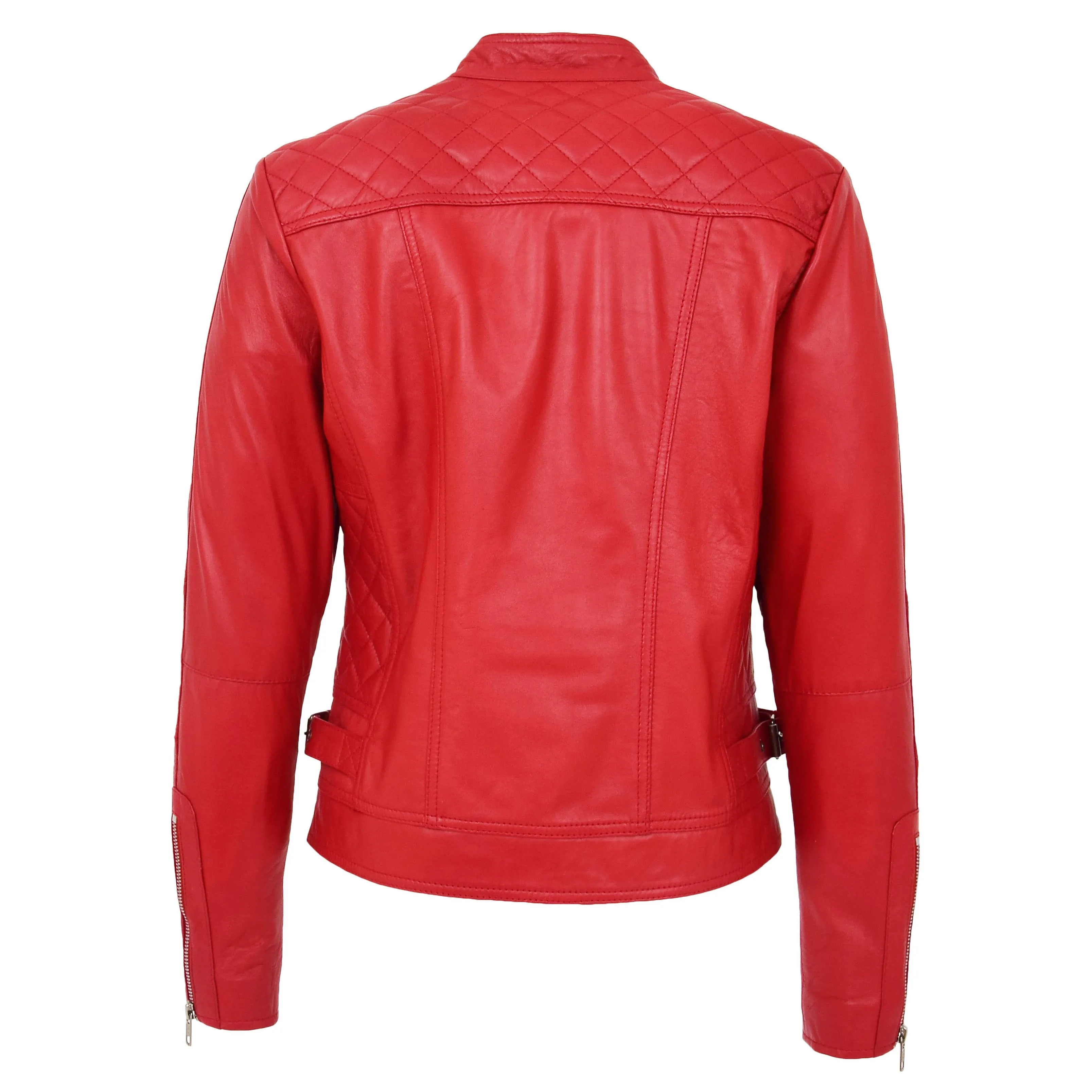 Womens Soft Leather Casual Zip Biker Jacket Ruby Red