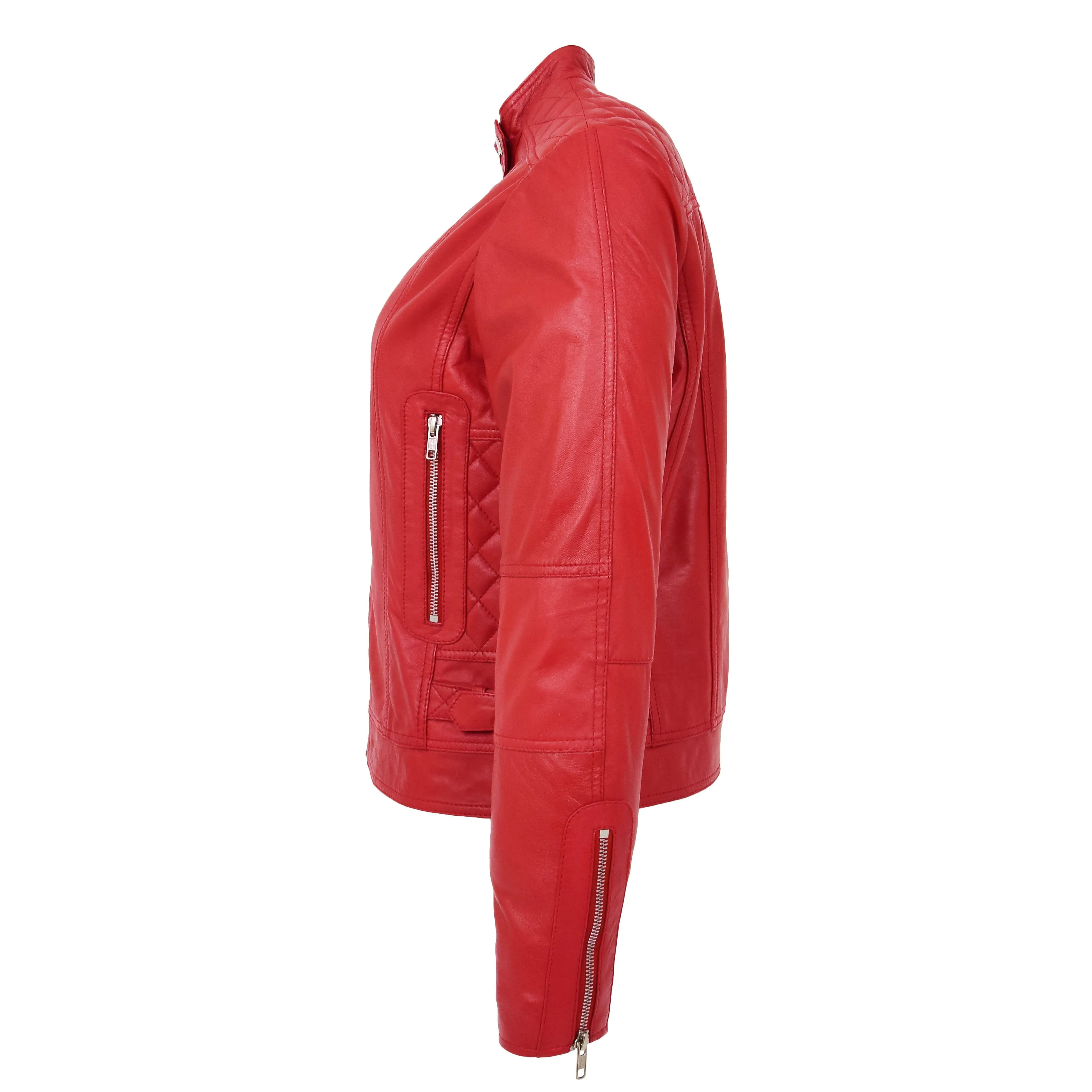 Womens Soft Leather Casual Zip Biker Jacket Ruby Red