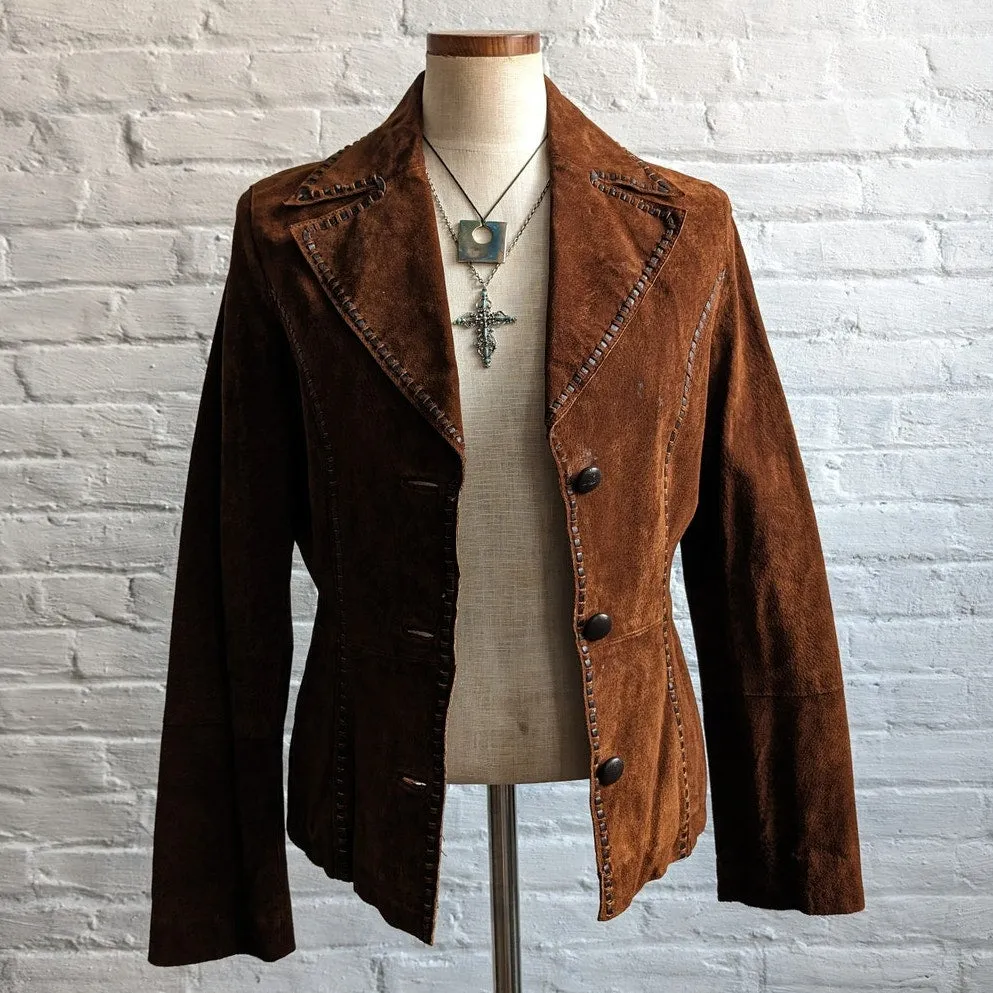 Y2K Brown Suede Leather Jacket Boho Western Minimalist Rust Biker Cowgirl Blazer