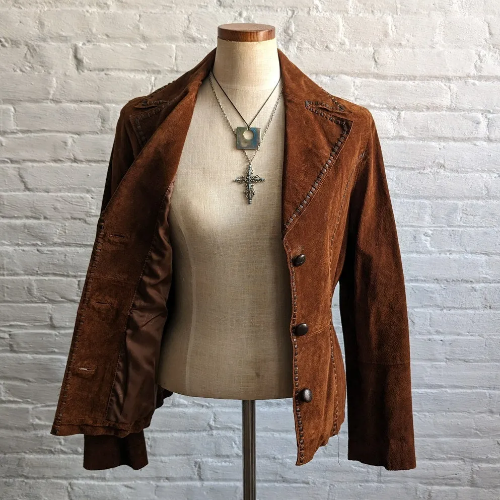 Y2K Brown Suede Leather Jacket Boho Western Minimalist Rust Biker Cowgirl Blazer