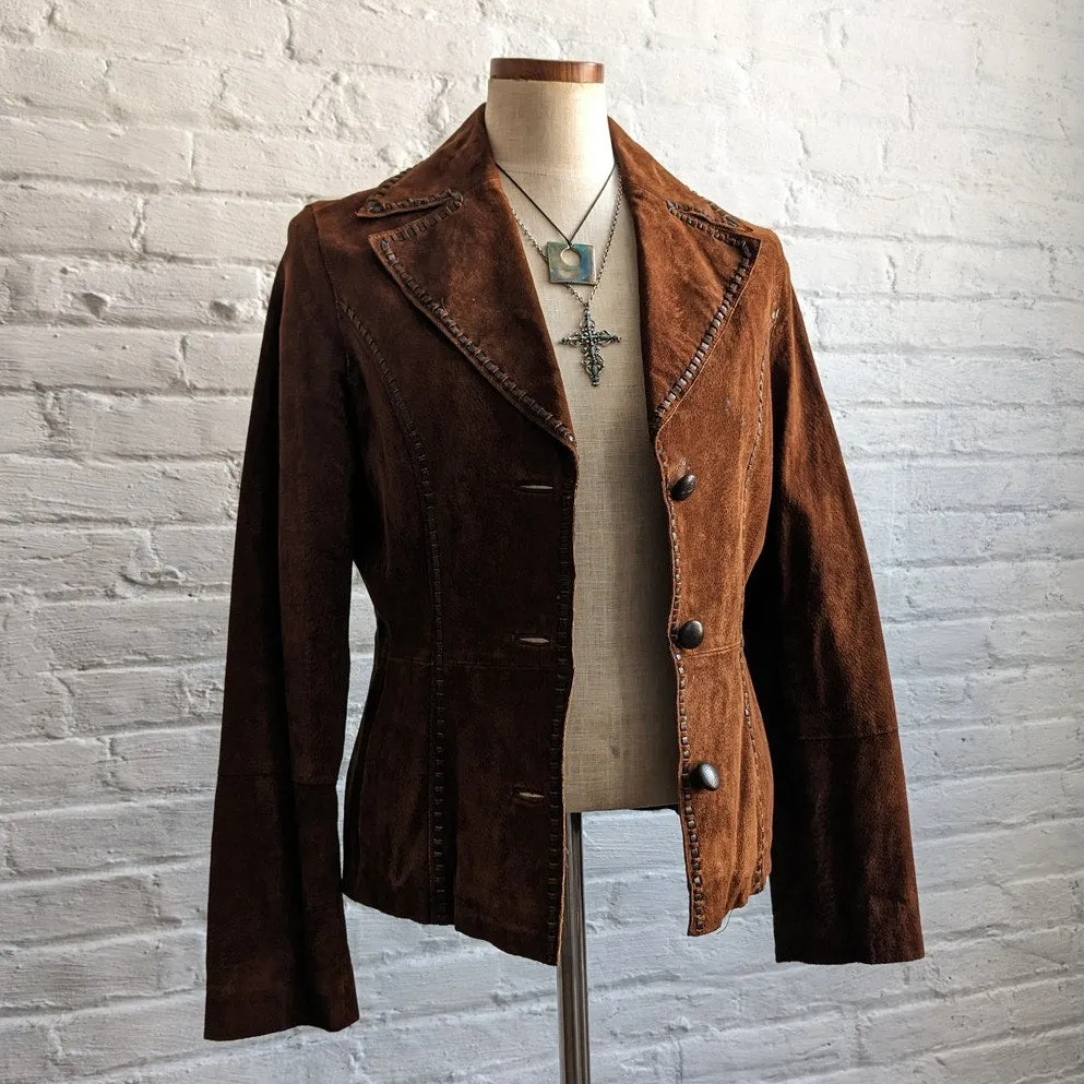 Y2K Brown Suede Leather Jacket Boho Western Minimalist Rust Biker Cowgirl Blazer