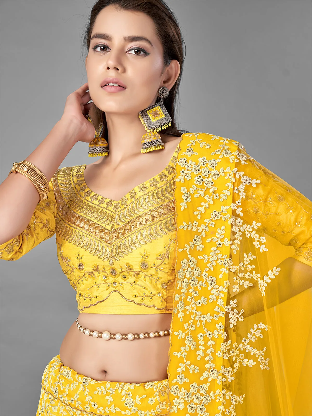 Yellow Art Silk Embroidered Semi Stitched Lehenga With Unstitched Blouse