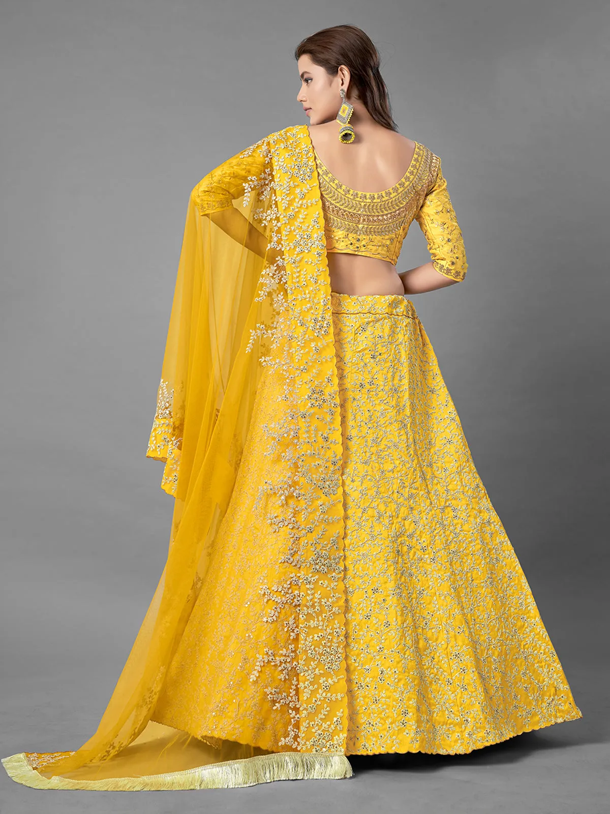 Yellow Art Silk Embroidered Semi Stitched Lehenga With Unstitched Blouse