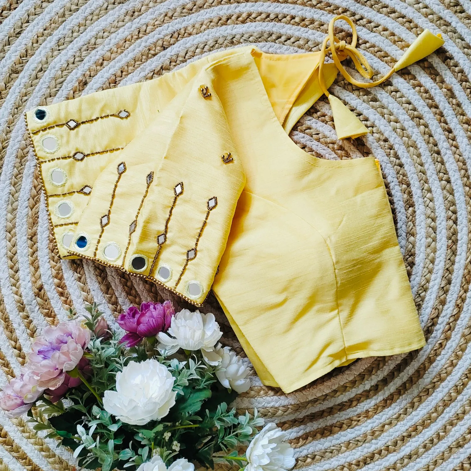 Yellow Russian Silk Blouse with Mirror and Pearl Embellishments