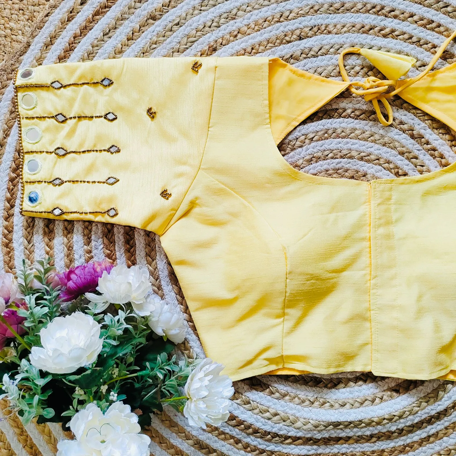 Yellow Russian Silk Blouse with Mirror and Pearl Embellishments